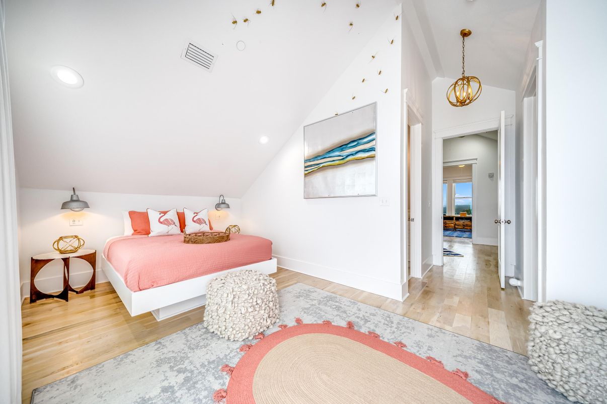 Bedroom, Interior, Pendant Lights, Recessed Lighting, Wood Texture Flooring