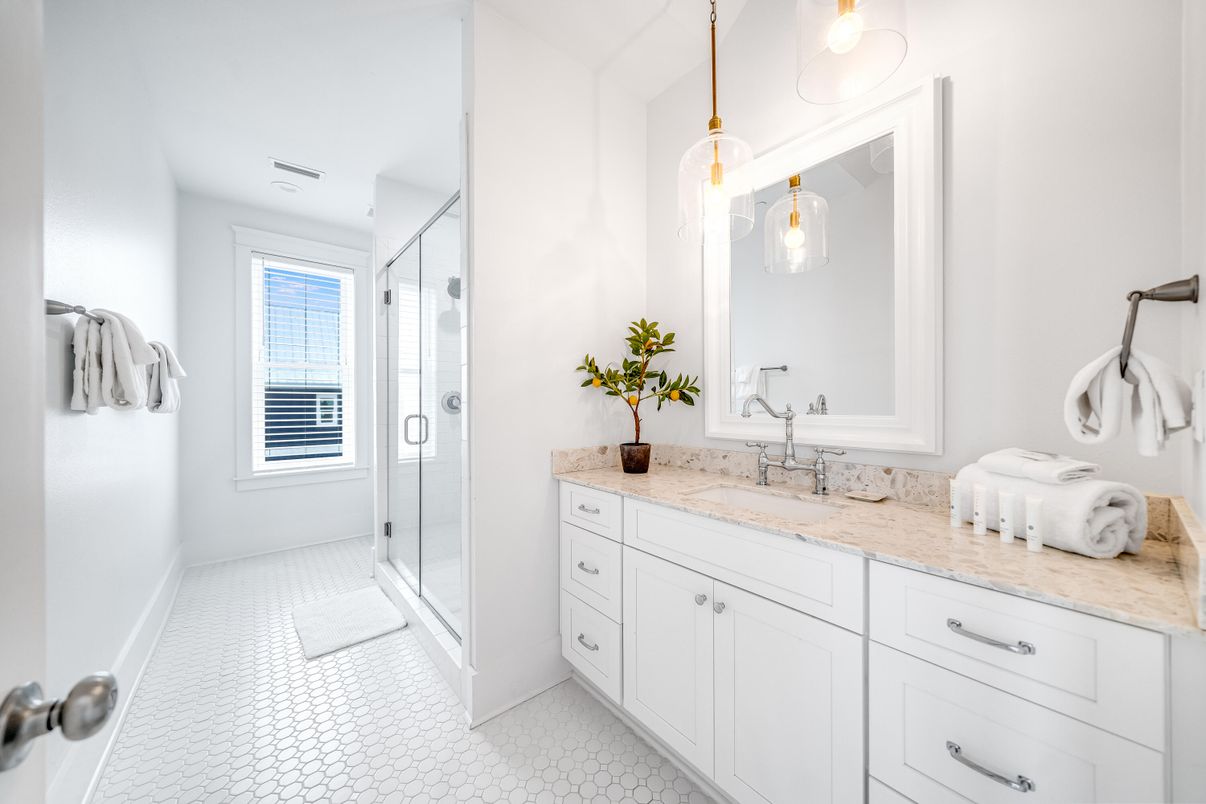 Bathroom, Glass Shower, Interior, Pendant Lights