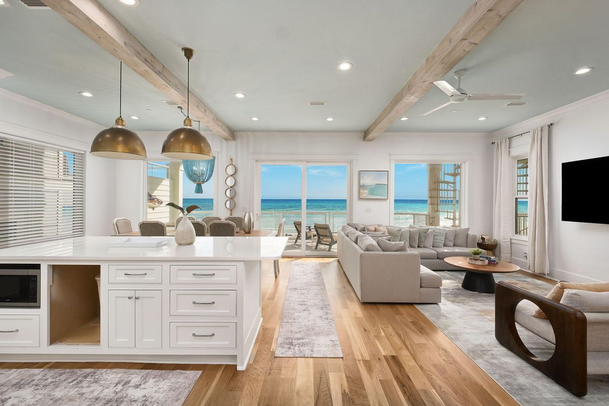 Interior, Living room, Pendant Lights, Recessed Lighting, Water, Wooden Beams, Wood Texture Flooring