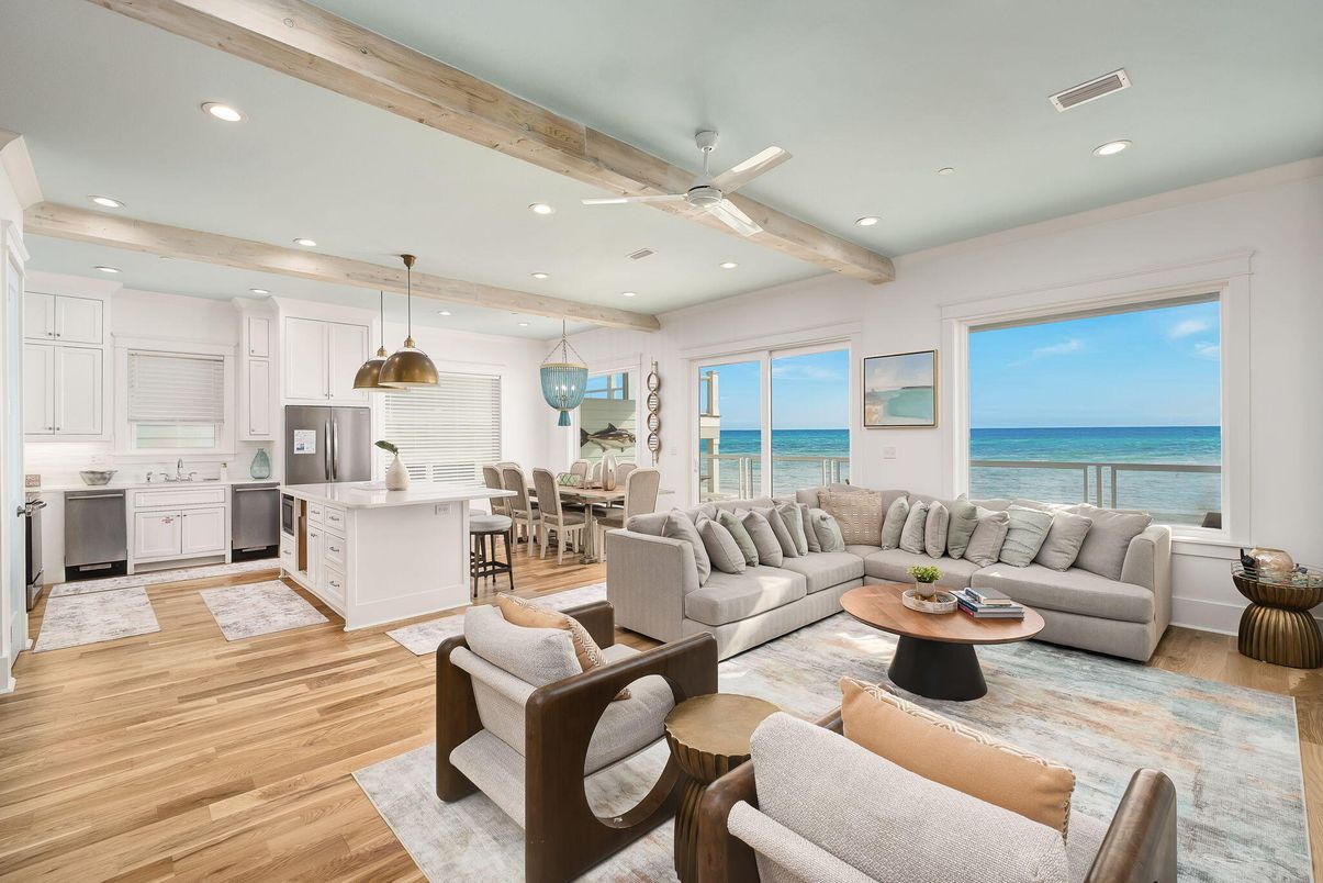 Dining room, Interior, Kitchen, Living room, Pendant Lights, Recessed Lighting, Water, Wooden Beams, Wood Texture Flooring