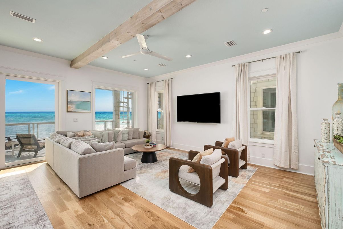 Interior, Living room, Recessed Lighting, Water, Wooden Beams, Wood Texture Flooring