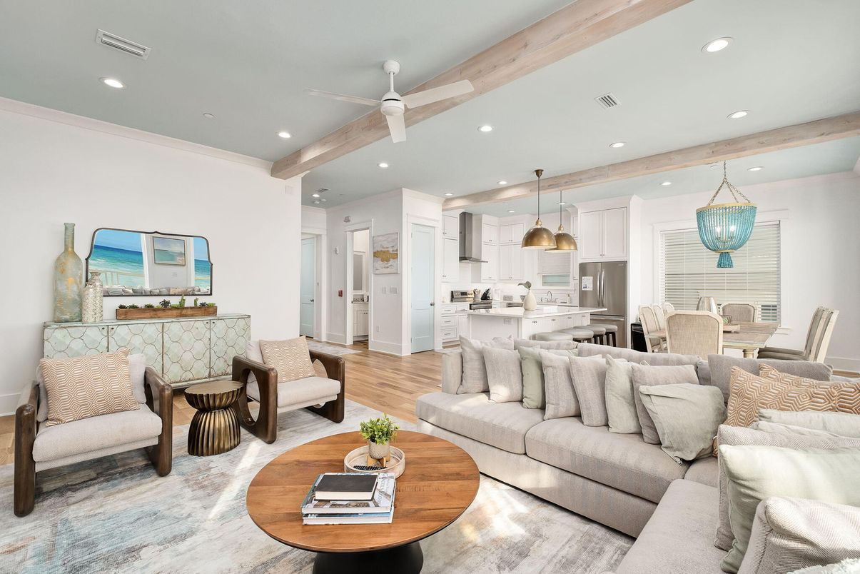 Dining room, Interior, Kitchen, Living room, Pendant Lights, Recessed Lighting, Stainless Steel Appliances, Wooden Beams, Wood Texture Flooring