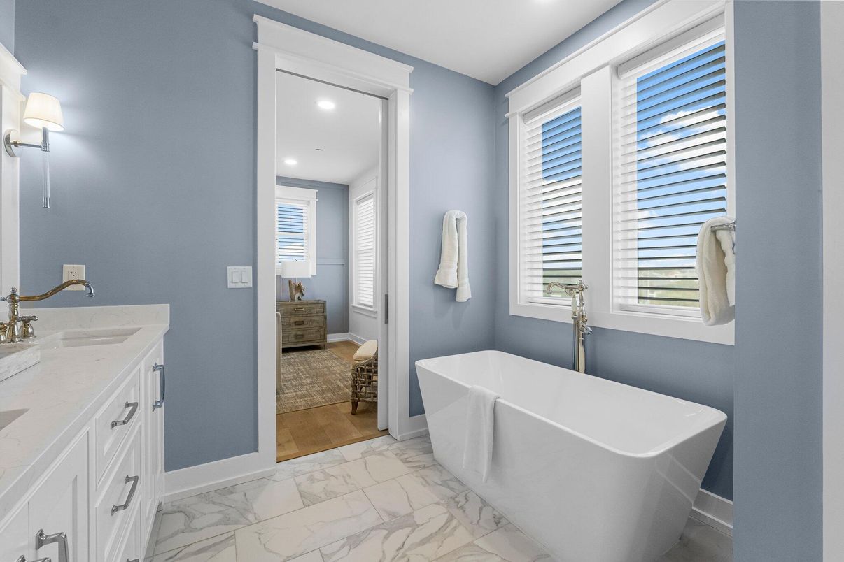 Bathroom, Dual Sink Vanities, Free Standing Baths, Interior, Marble, Recessed Lighting