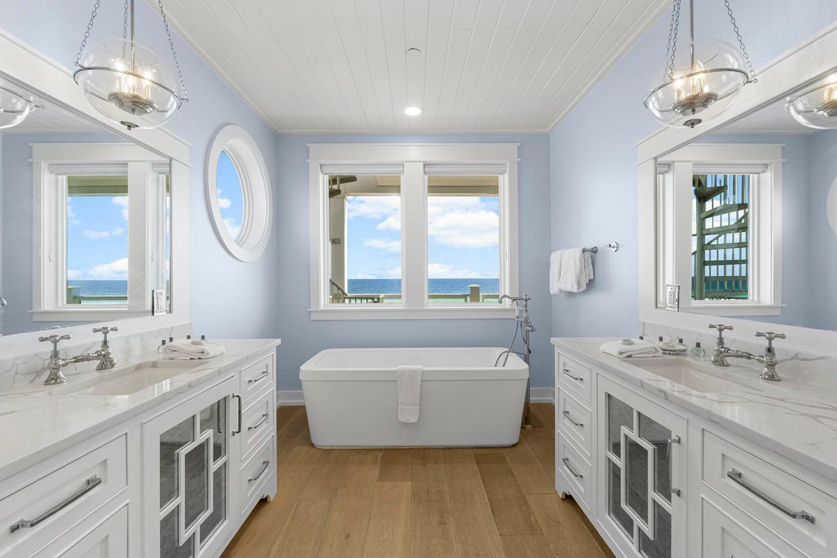 Bathroom, Dual Sink Vanities, Free Standing Baths, Interior, Pendant Lights, Recessed Lighting, Water, Wood Texture Flooring