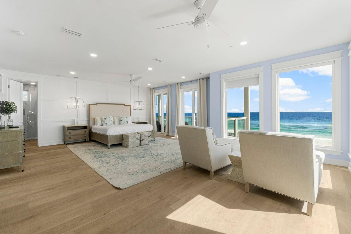 Bedroom, Interior, Pendant Lights, Recessed Lighting, Water, Wood Texture Flooring
