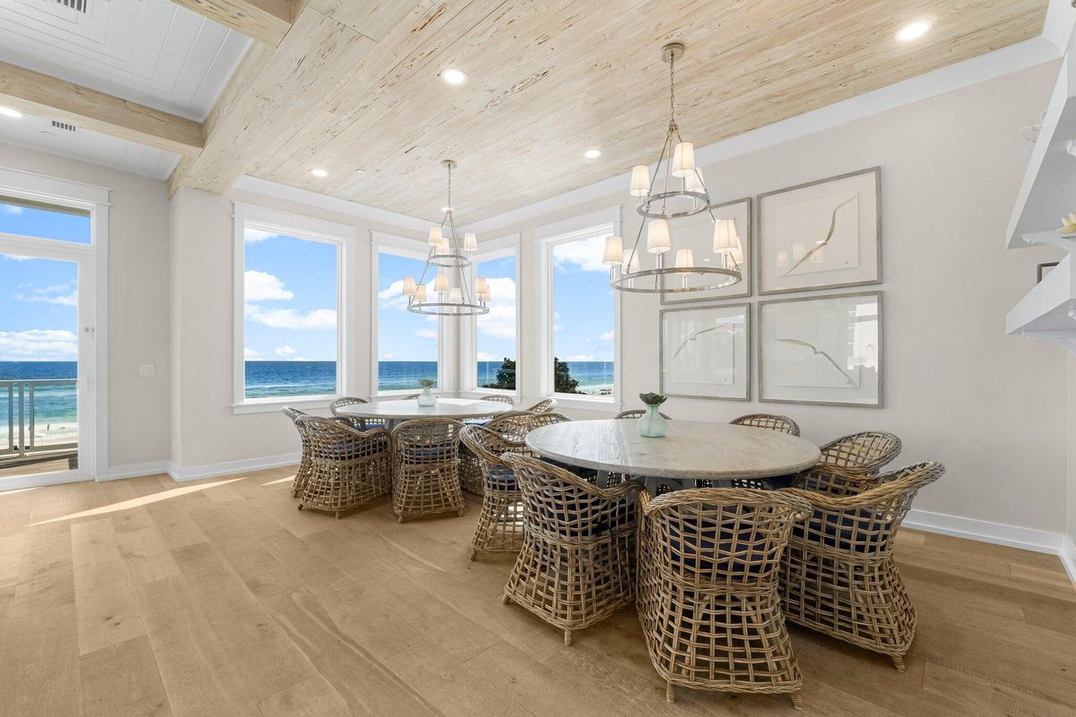 Chandelier, Dining room, Interior, Pendant Lights, Recessed Lighting, Water, Wooden Beams, Wooden Ceilings, Wood Texture Flooring