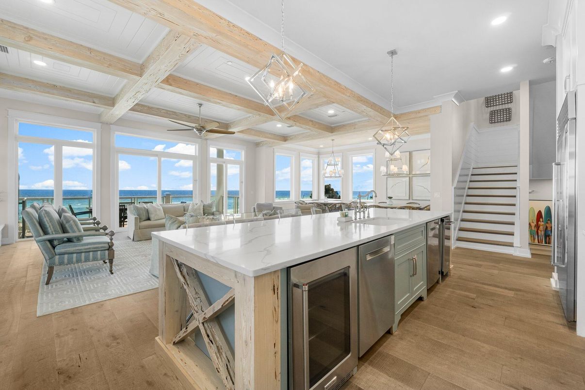 Interior, Kitchen, Living room, Pendant Lights, Recessed Lighting, Stainless Steel Appliances, Water, Wooden Beams, Wood Texture Flooring