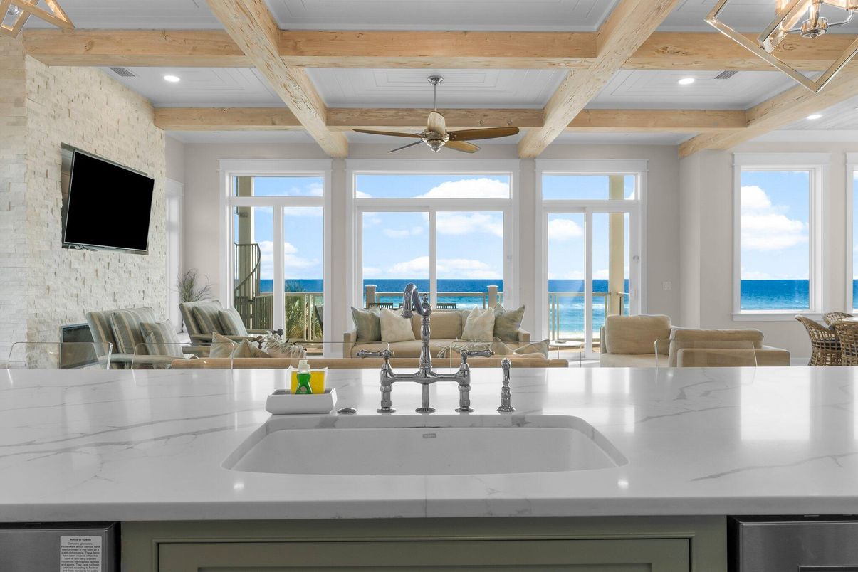 Interior, Kitchen, Recessed Lighting, Stone Walls, Water, Wooden Beams