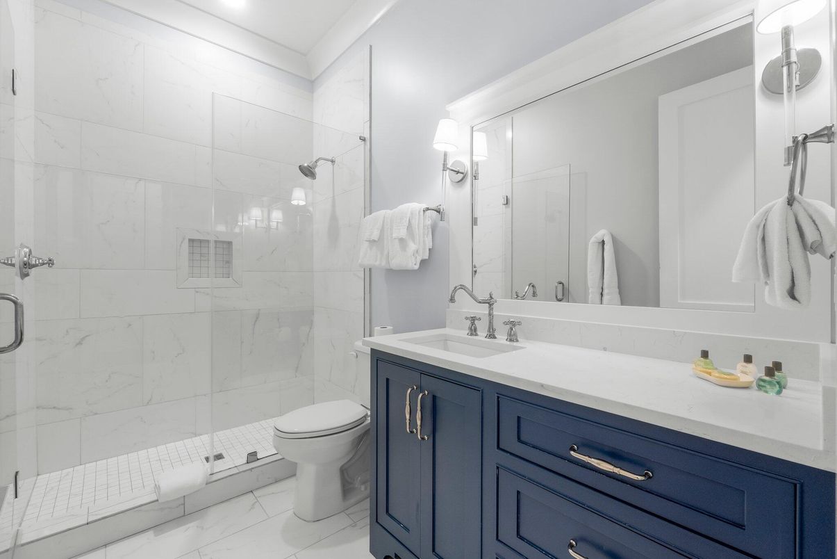 Bathroom, Glass Shower, Interior, Marble, Marble Walls, Recessed Lighting