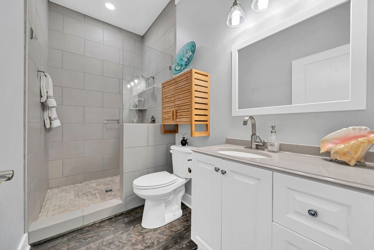 Bathroom, Glass Shower, Interior, Recessed Lighting, Wood Texture Flooring