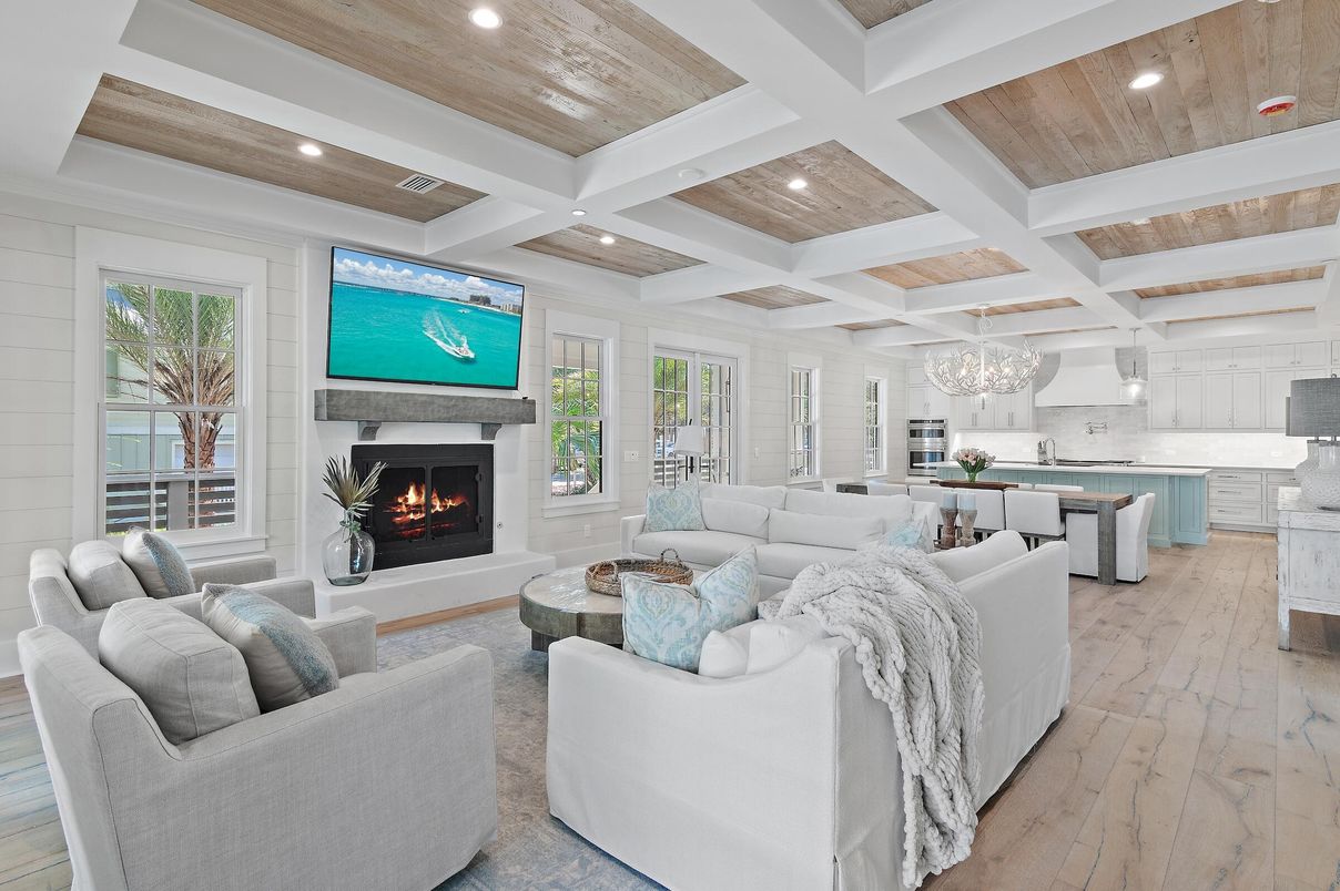 Fireplace, Interior, Kitchen, Living room, Pendant Lights, Recessed Lighting, Wooden Ceilings, Wood Texture Flooring
