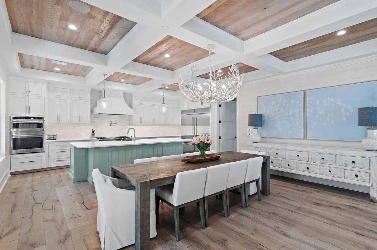 Interior, Kitchen, Pendant Lights, Recessed Lighting, Stainless Steel Appliances, Wooden Ceilings, Wood Texture Flooring