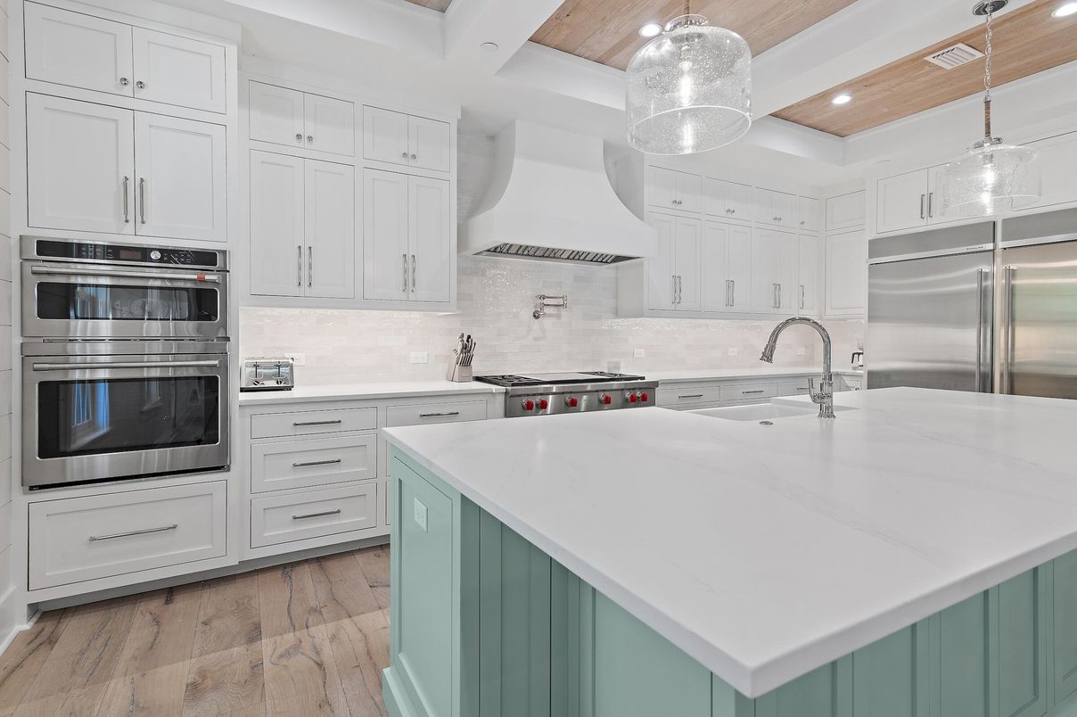 Interior, Kitchen, Pendant Lights, Recessed Lighting, Stainless Steel Appliances, Wooden Ceilings, Wood Texture Flooring