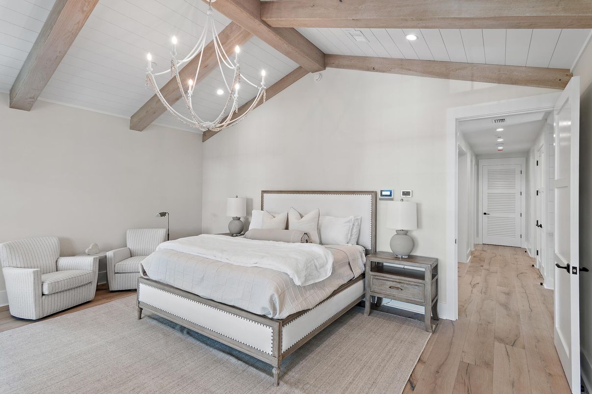 Bedroom, Interior, Pendant Lights, Recessed Lighting, Wooden Beams, Wood Texture Flooring