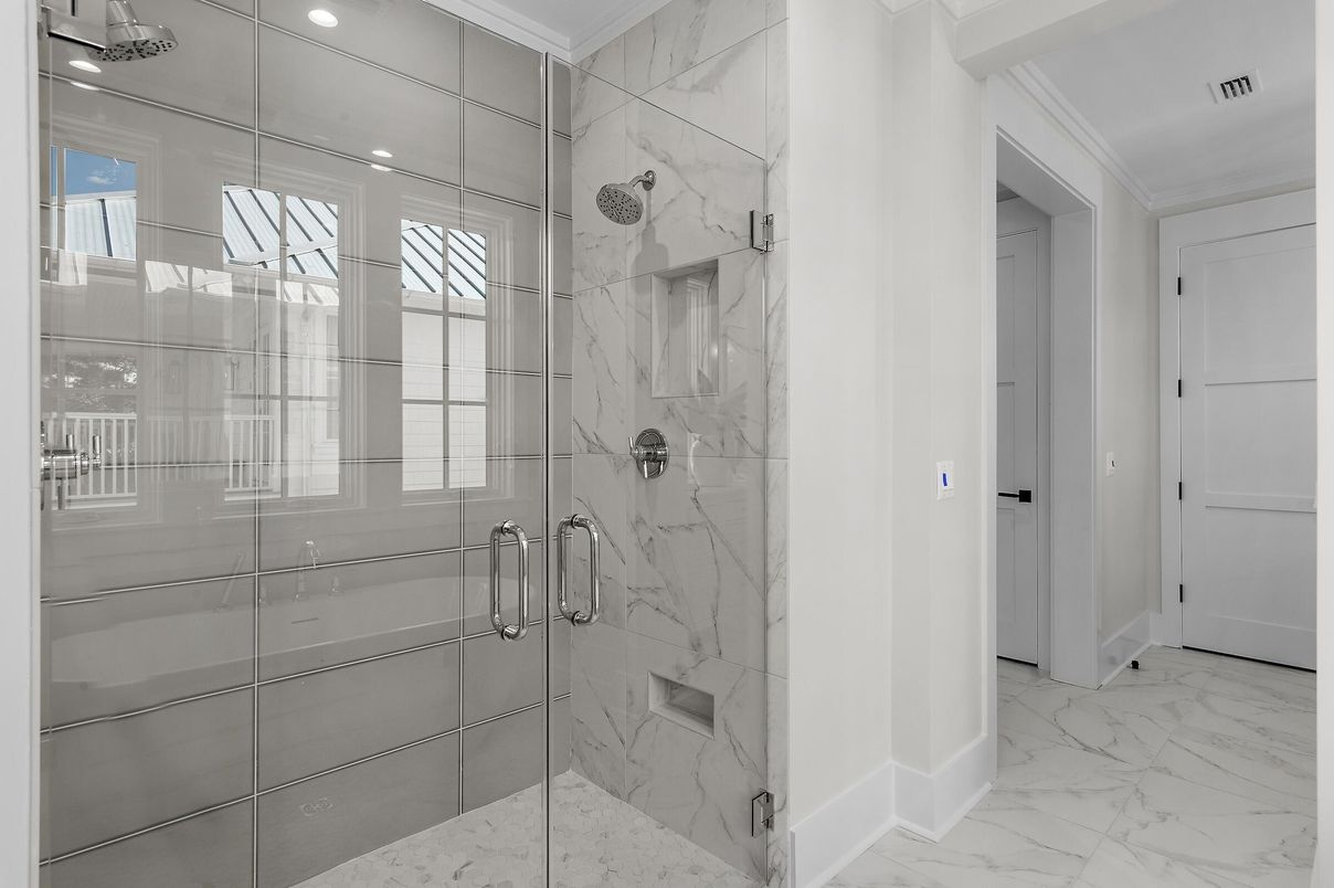 Bathroom, Glass Shower, Interior, Marble, Marble Walls, Recessed Lighting