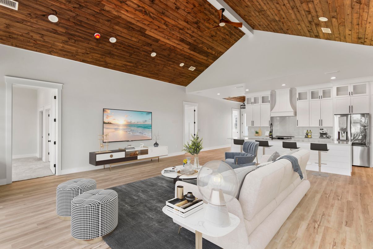 Interior, Kitchen, Living room, Recessed Lighting, Stainless Steel Appliances, Wooden Ceilings, Wood Texture Flooring