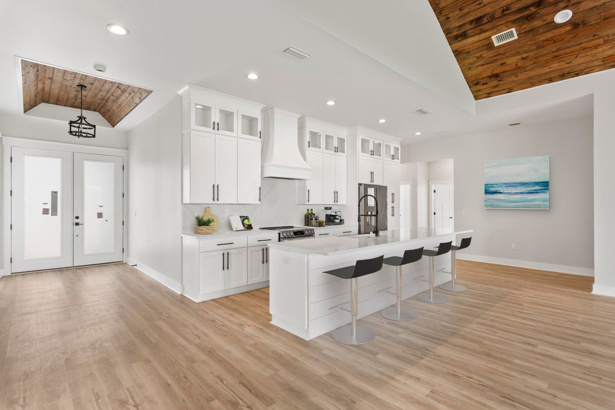 Interior, Kitchen, Recessed Lighting, Wooden Ceilings, Wood Texture Flooring