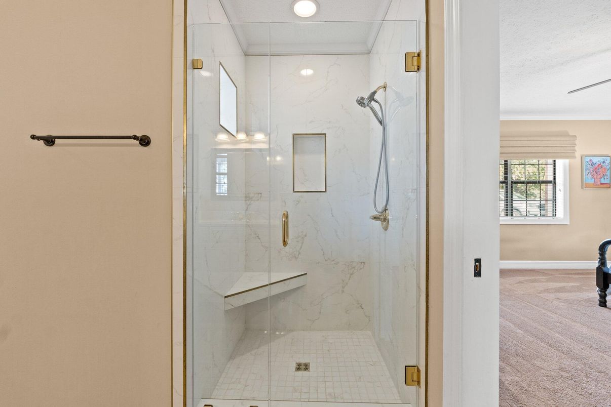Bathroom, Glass Shower, Interior, Marble Walls, Recessed Lighting