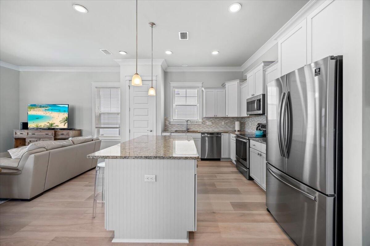 Interior, Kitchen, Living room, Pendant Lights, Recessed Lighting, Stainless Steel Appliances, Wood Texture Flooring