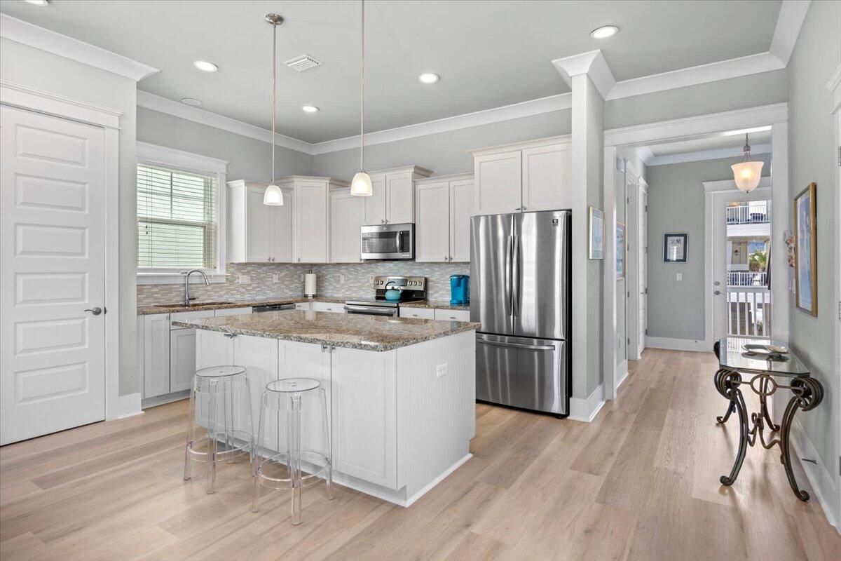 Interior, Kitchen, Pendant Lights, Recessed Lighting, Stainless Steel Appliances, Wood Texture Flooring