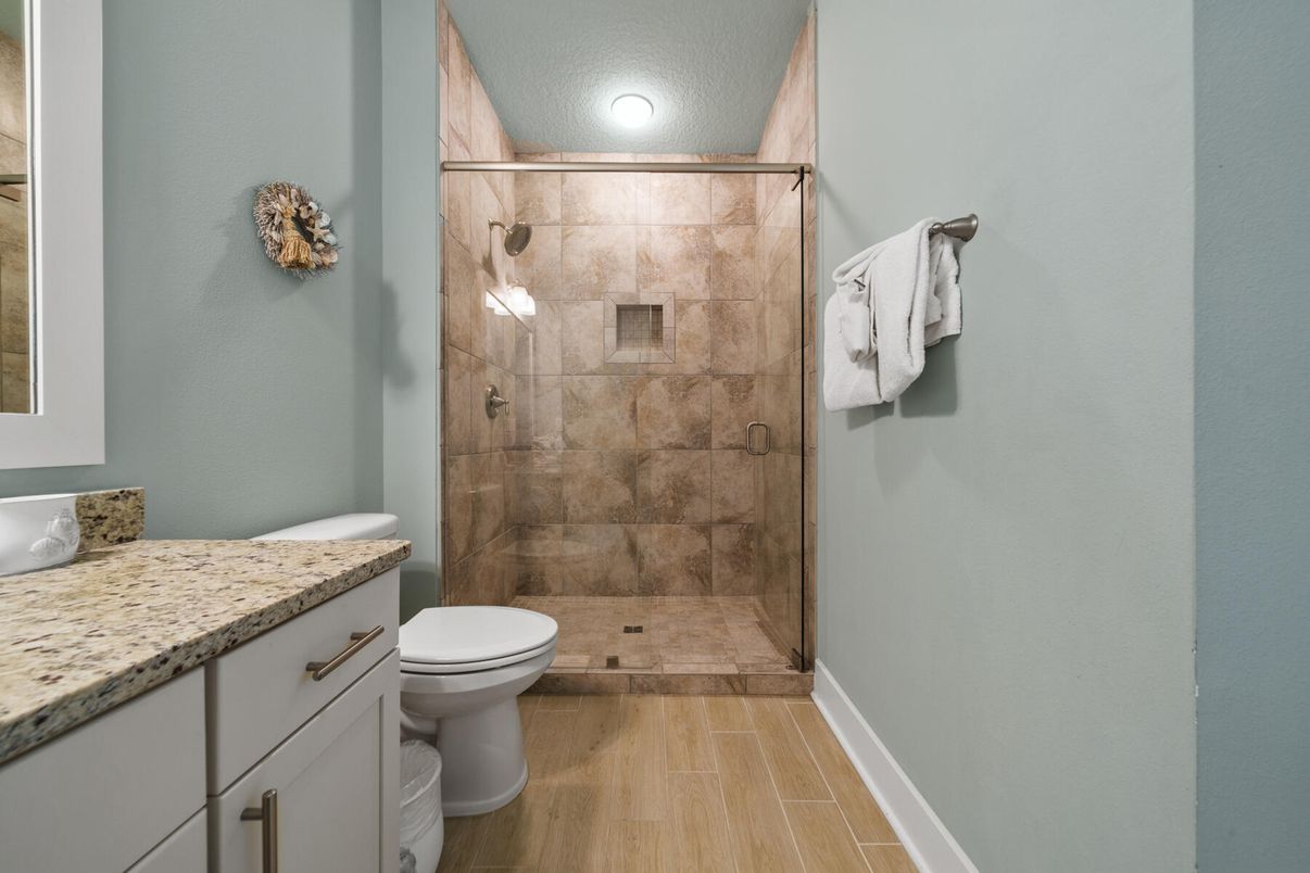 Bathroom, Glass Shower, Interior, Recessed Lighting, Wood Texture Flooring