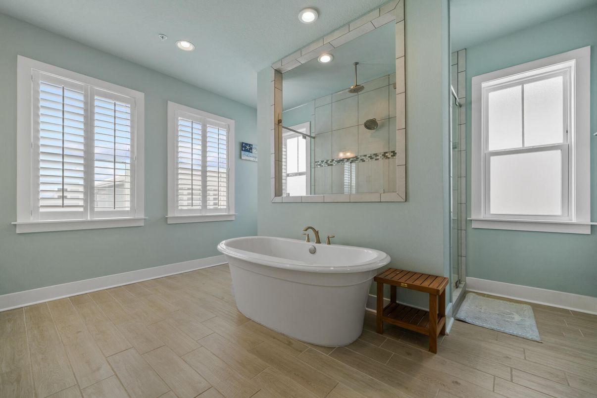 Bathroom, Free Standing Baths, Glass Shower, Interior, Recessed Lighting, Wood Texture Flooring