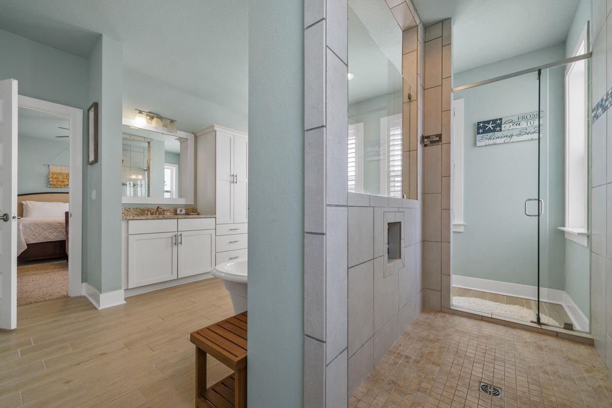Bathroom, Bedroom, Glass Shower, Interior, Wood Texture Flooring