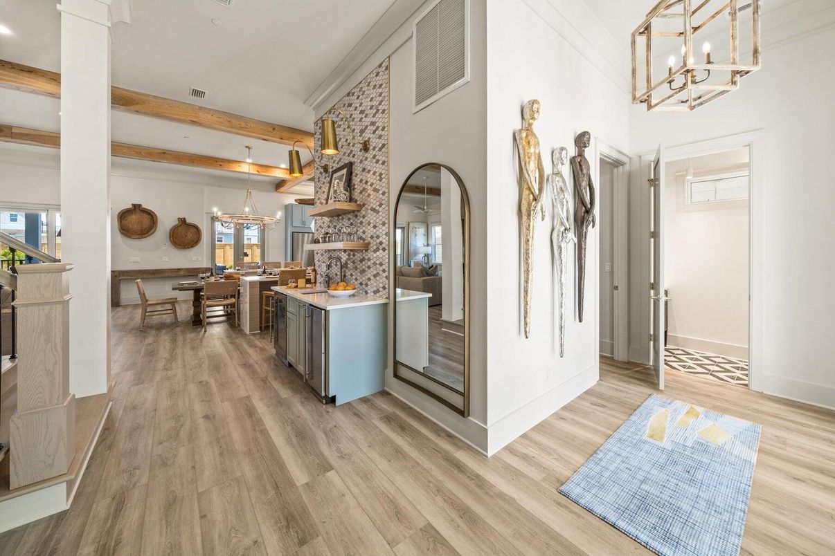 Chandelier, Dining room, Interior, Kitchen, Pendant Lights, Wooden Beams, Wood Texture Flooring