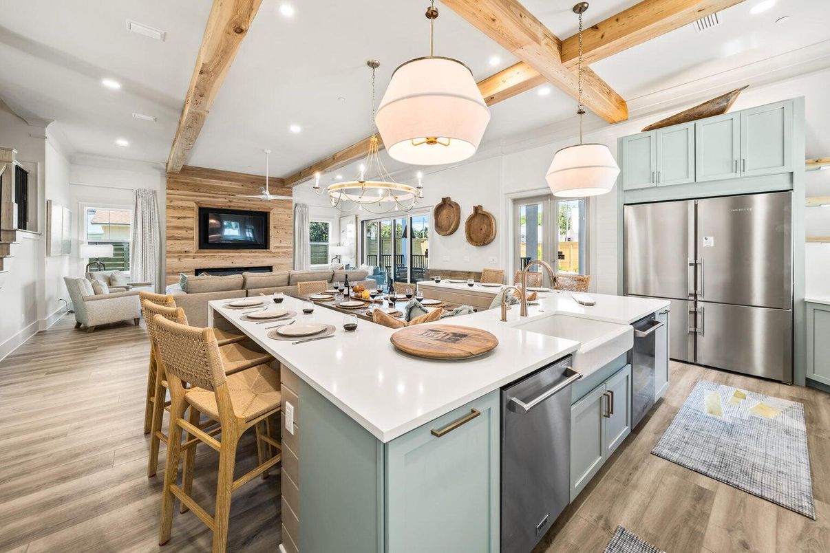 Interior, Kitchen, Living room, Pendant Lights, Recessed Lighting, Stainless Steel Appliances, Wooden Beams, Wood Texture Flooring