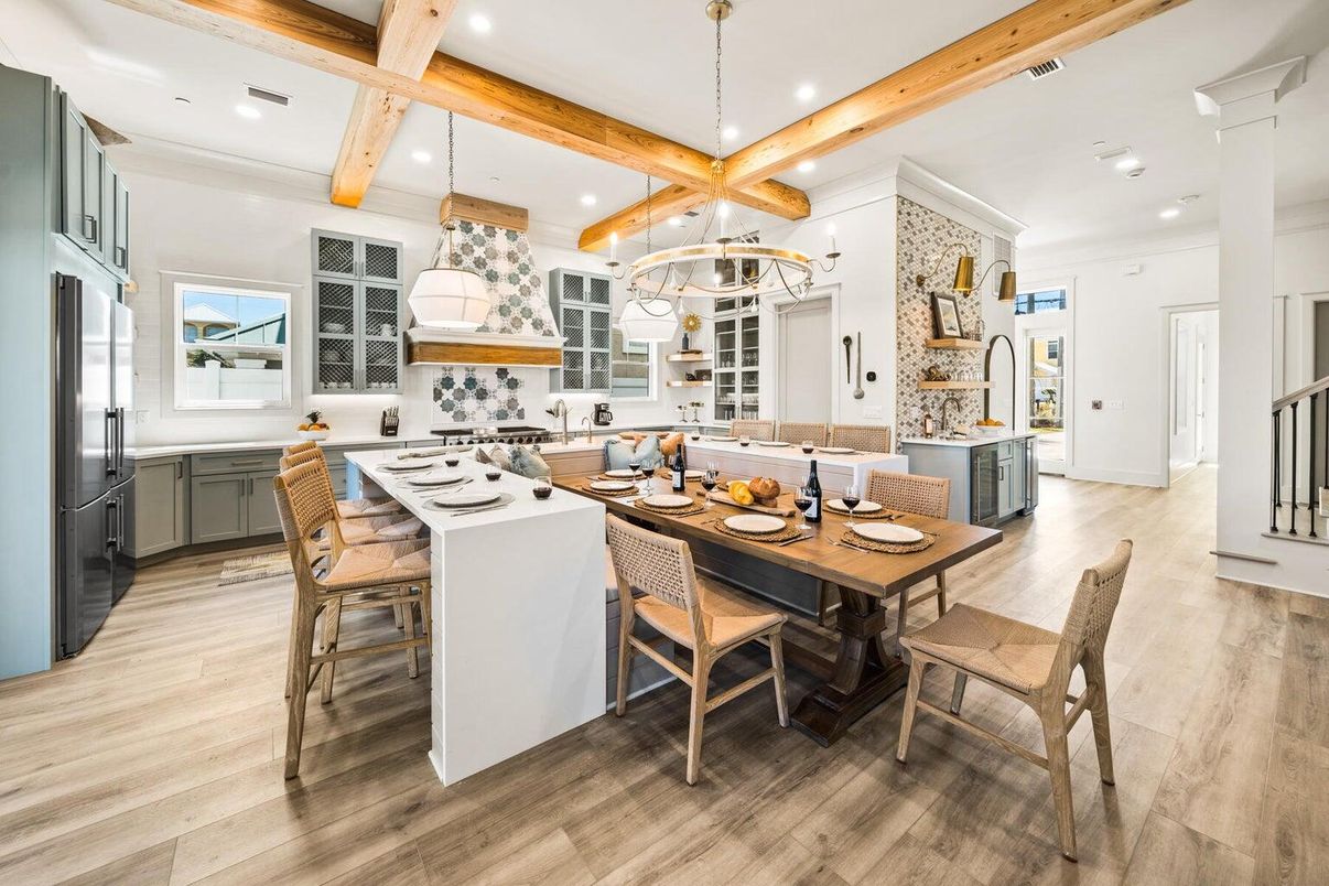Chandelier, Dining room, Interior, Kitchen, Pendant Lights, Recessed Lighting, Wooden Beams, Wood Texture Flooring