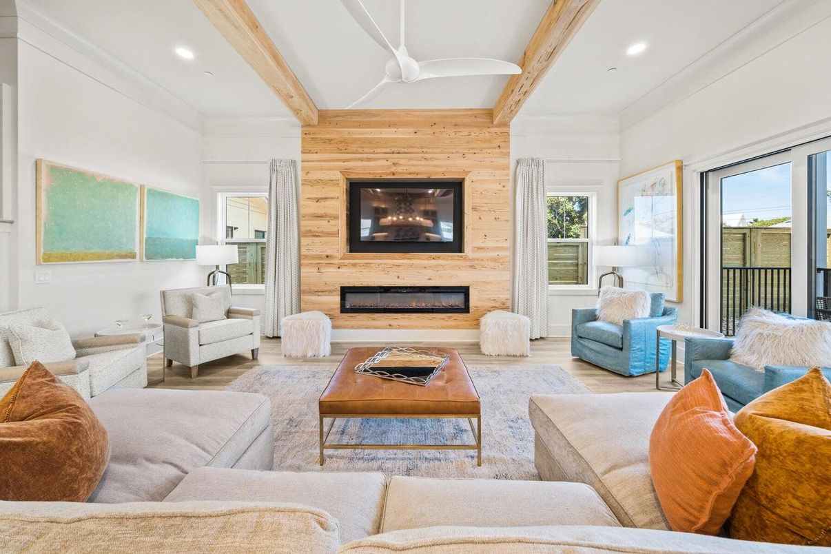 Fireplace, Interior, Living room, Recessed Lighting, Wooden Beams, Wood Texture Flooring, Wooden Walls