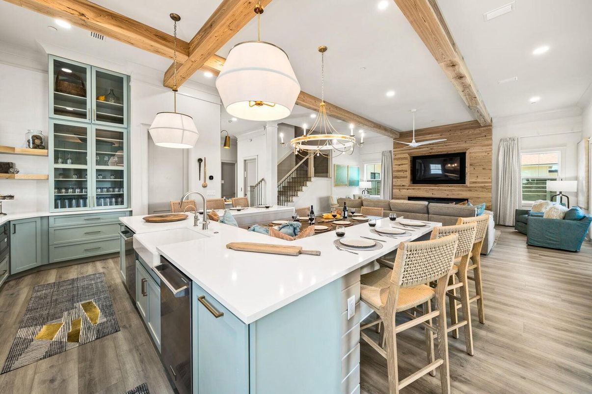 Interior, Kitchen, Living room, Pendant Lights, Recessed Lighting, Stainless Steel Appliances, Wooden Beams, Wood Texture Flooring