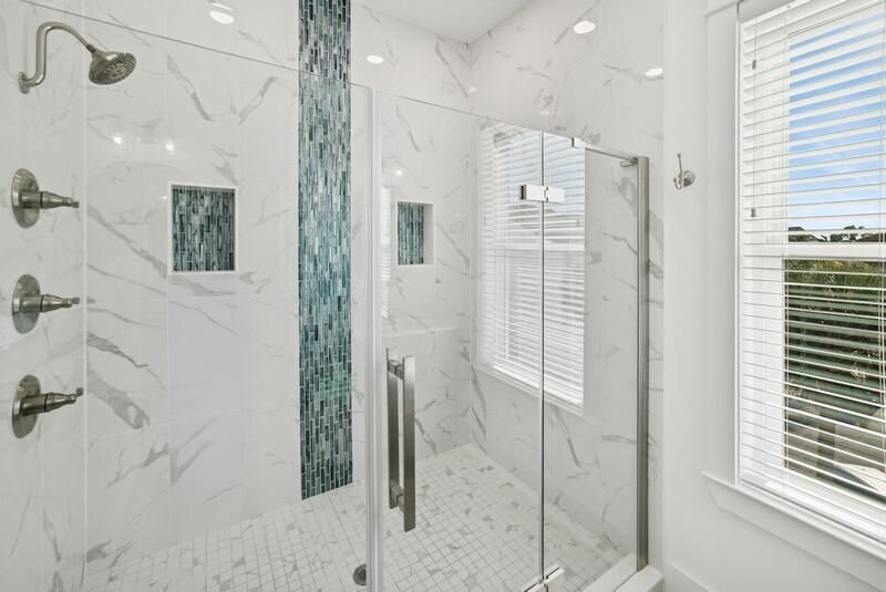 Bathroom, Glass Shower, Interior, Marble Walls, Recessed Lighting