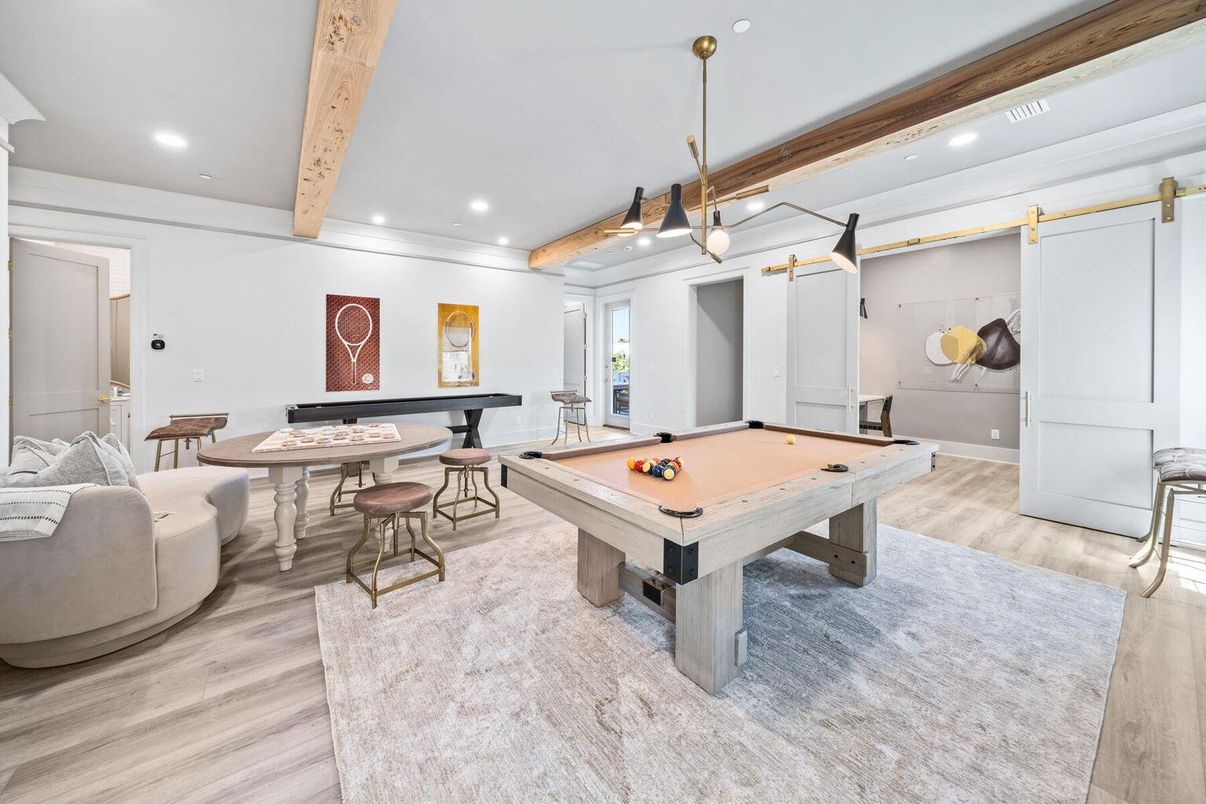 Billiard Table, Game Room, Interior, Pendant Lights, Recessed Lighting, Wooden Beams, Wood Texture Flooring