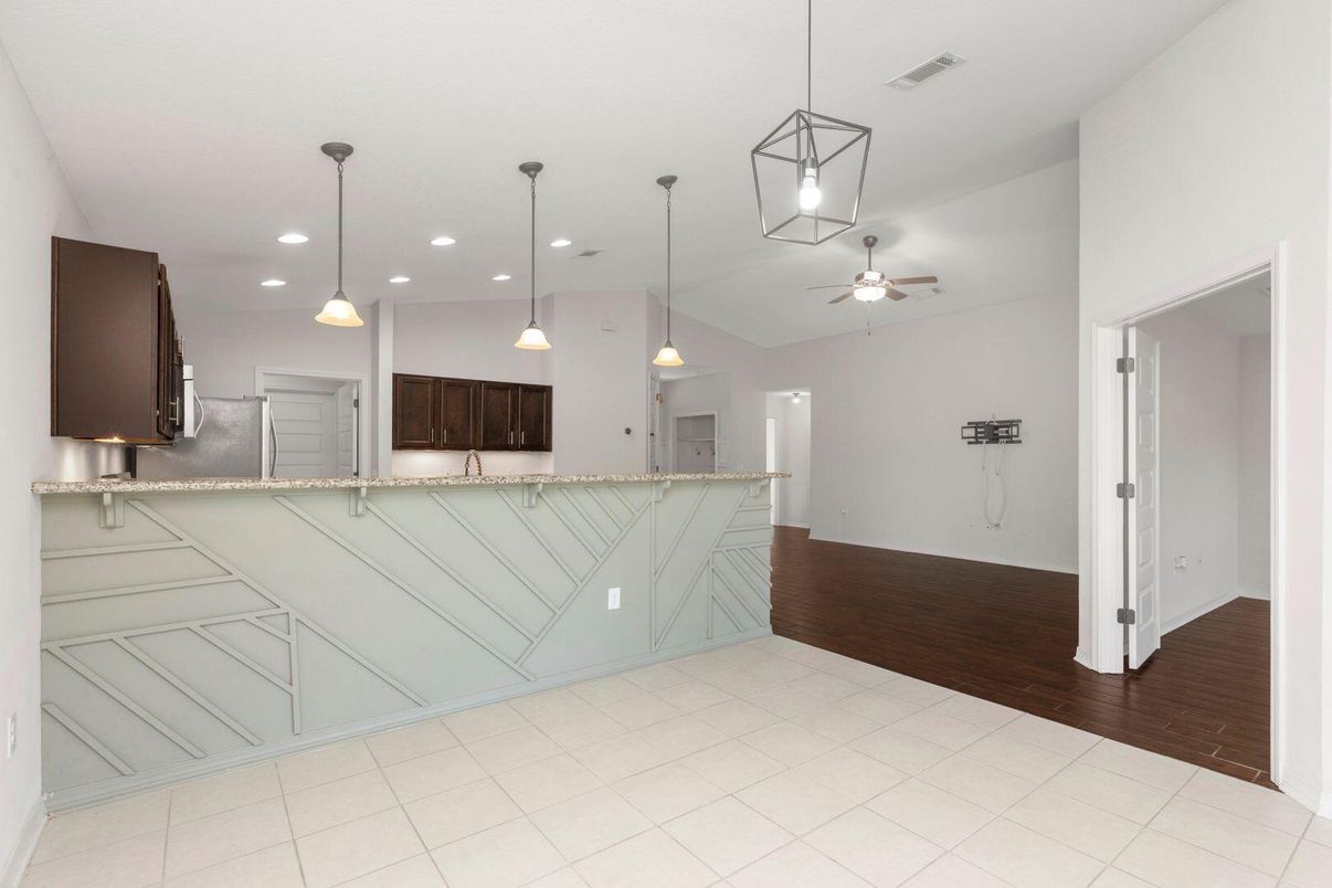 Interior, Kitchen, Pendant Lights, Recessed Lighting, Wood Texture Flooring
