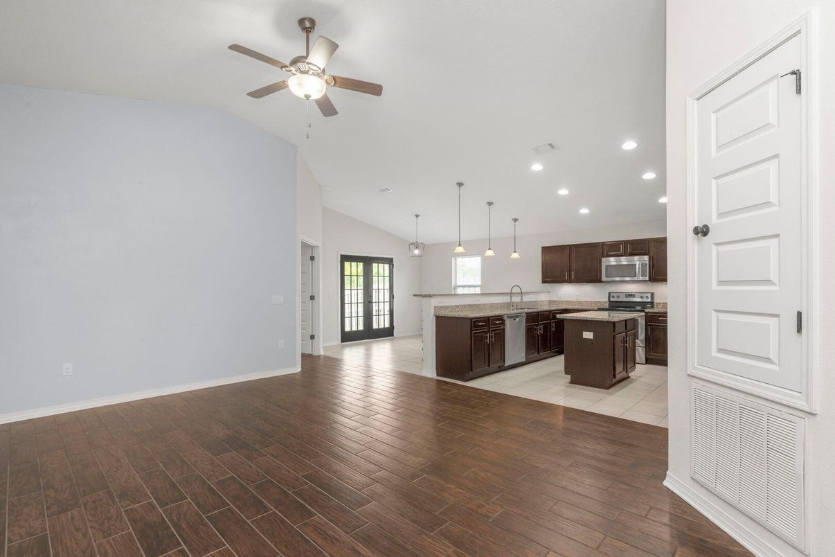 Empty room, Interior, Kitchen, Pendant Lights, Recessed Lighting, Wood Texture Flooring