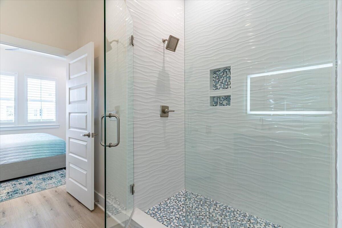 Bathroom, Glass Shower, Interior, Wood Texture Flooring