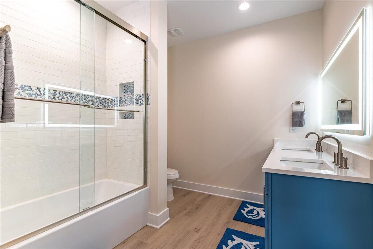 Bathroom, Glass Shower, Interior, Recessed Lighting, Wood Texture Flooring