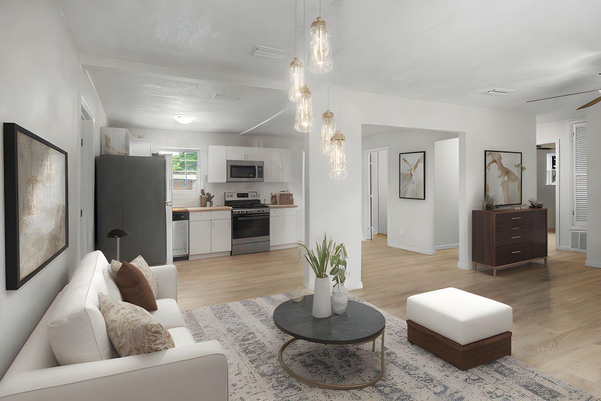 Interior, Kitchen, Living room, Pendant Lights, Stainless Steel Appliances, Wood Texture Flooring