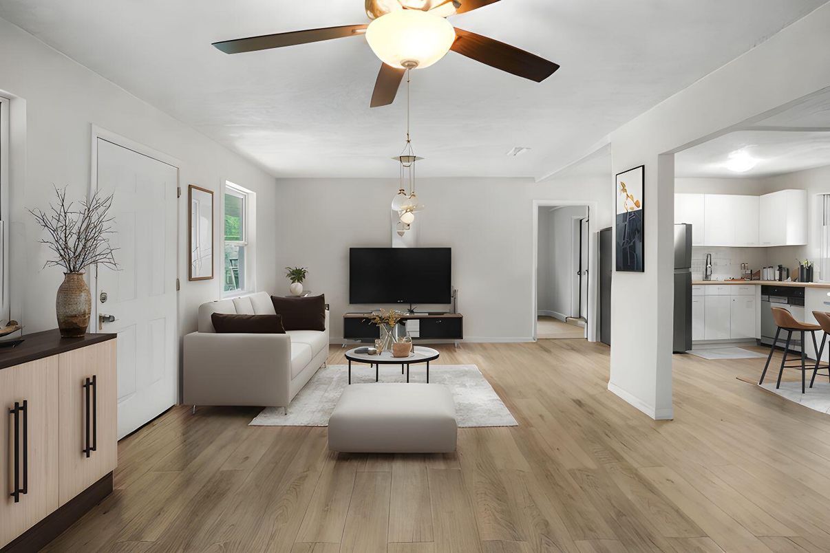 Interior, Kitchen, Living room, Pendant Lights, Wood Texture Flooring