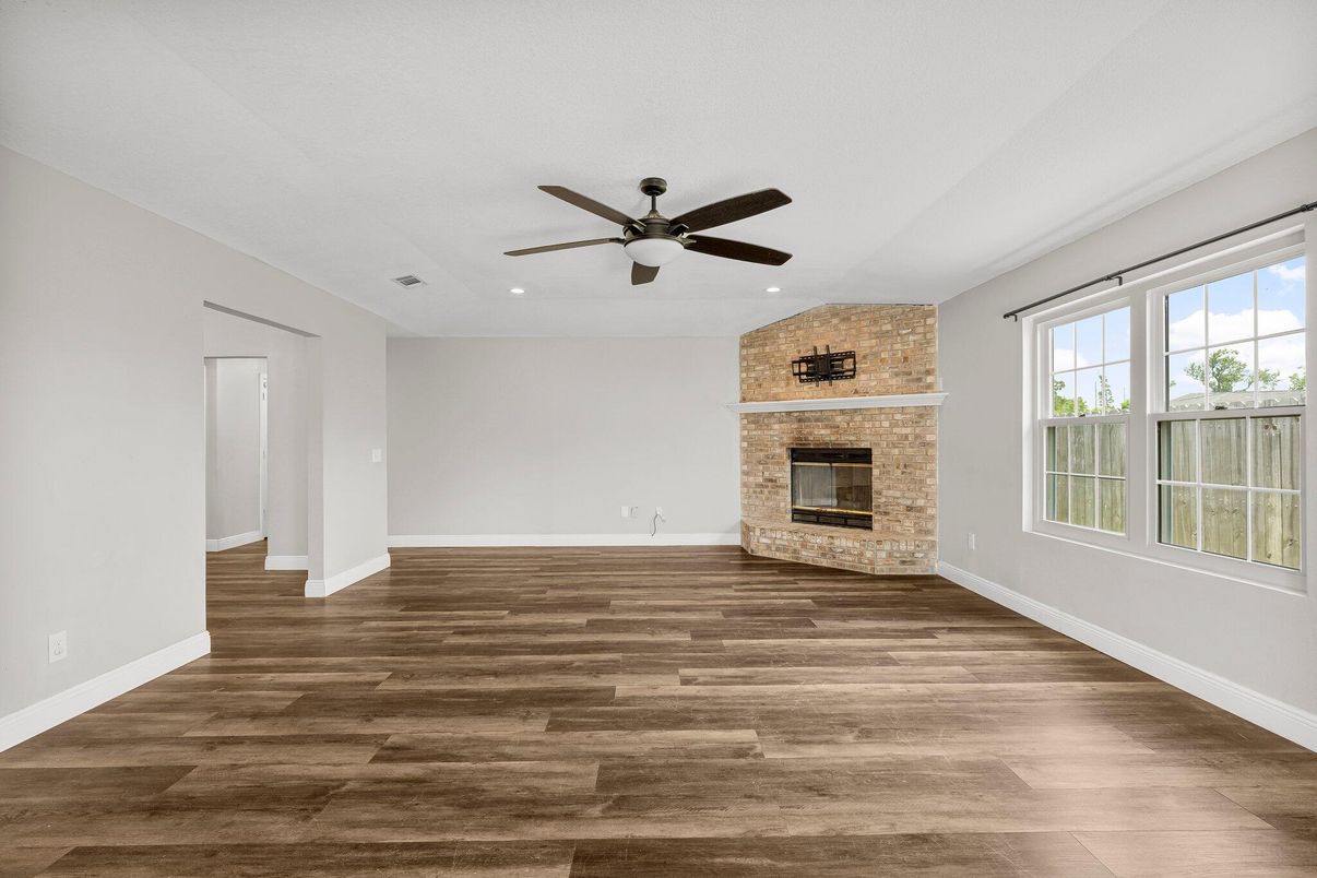 Empty room, Fireplace, Interior, Recessed Lighting, Wood Texture Flooring