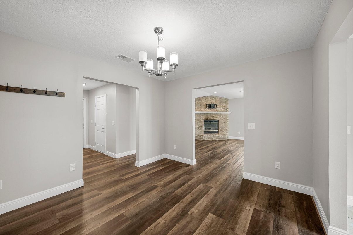Chandelier, Empty room, Fireplace, Interior, Wood Texture Flooring