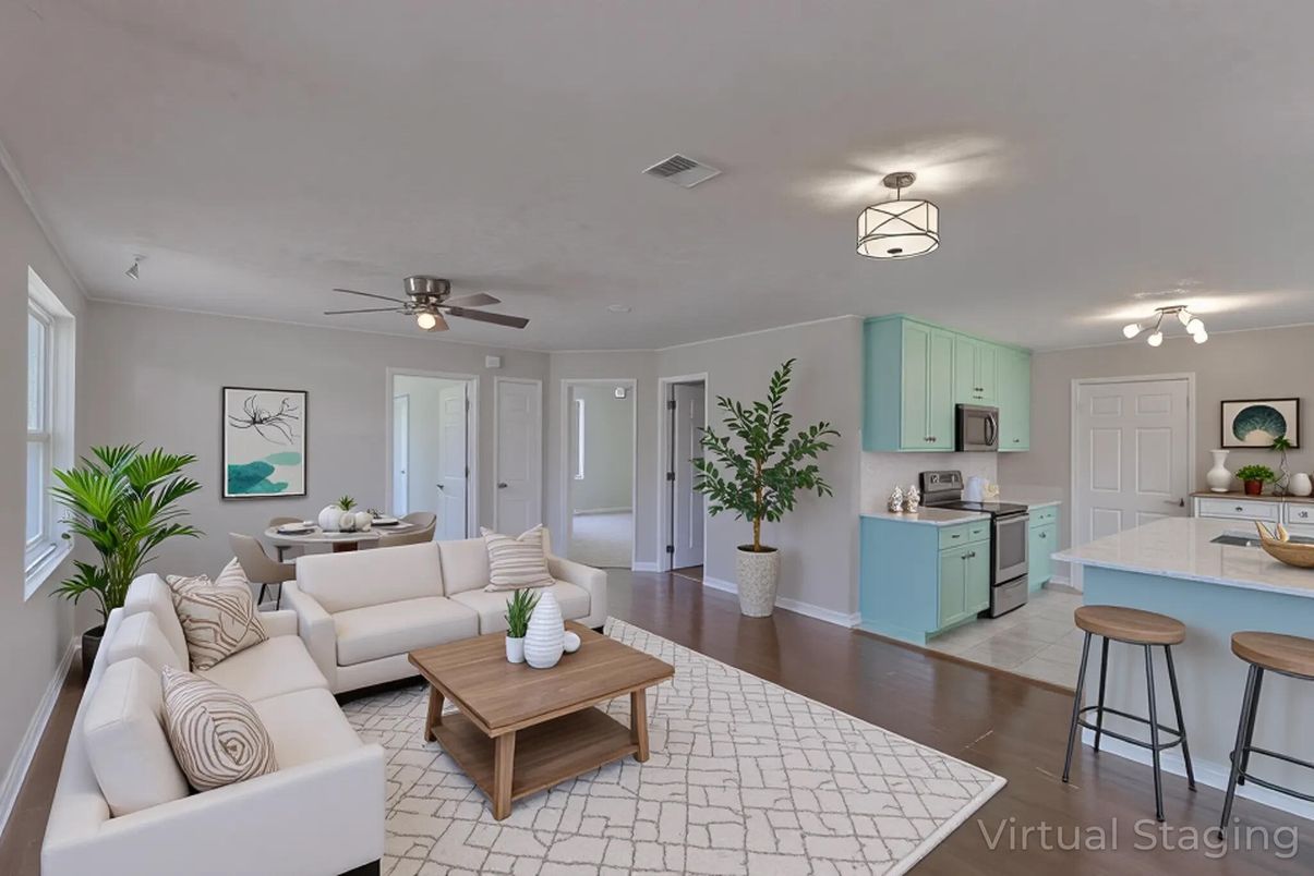 Dining room, Interior, Kitchen, Living room, Stainless Steel Appliances, Wood Texture Flooring