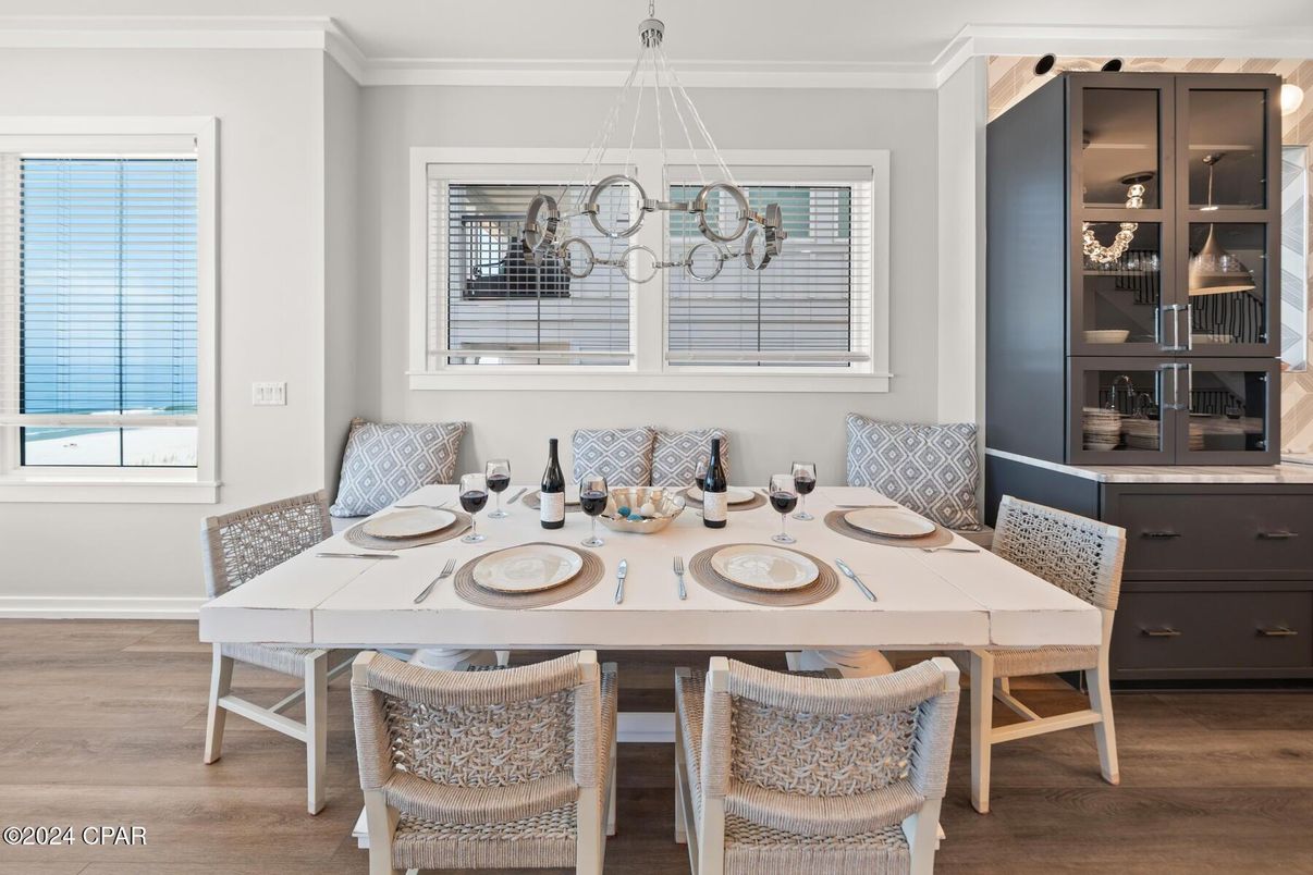 Chandelier, Dining room, Interior, Wood Texture Flooring