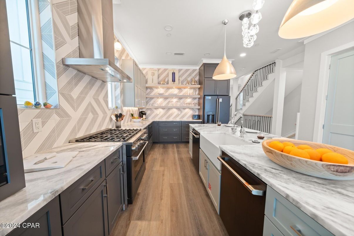 Interior, Kitchen, Pendant Lights, Recessed Lighting, Stainless Steel Appliances, Wood Texture Flooring