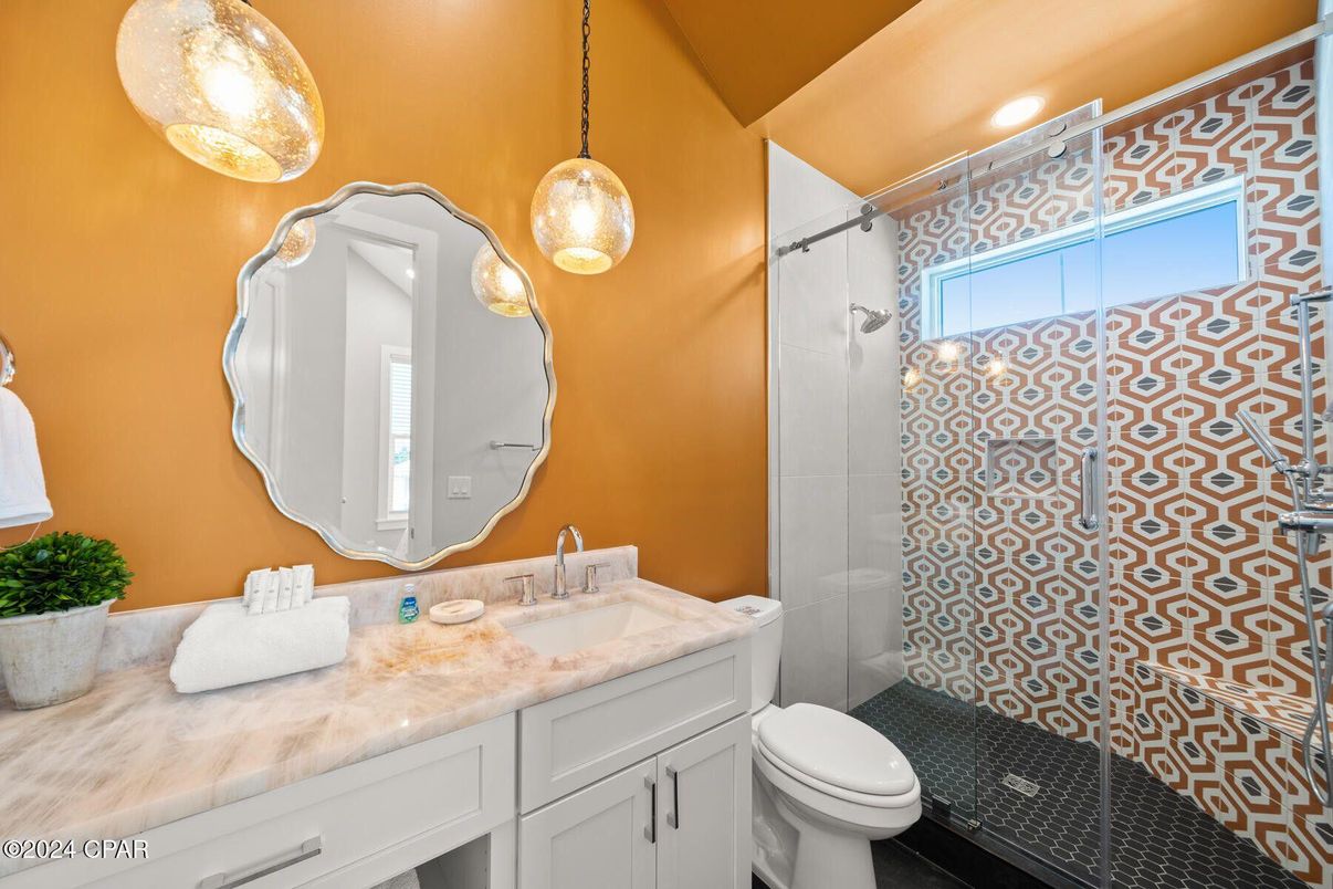 Bathroom, Glass Shower, Interior, Pendant Lights, Recessed Lighting