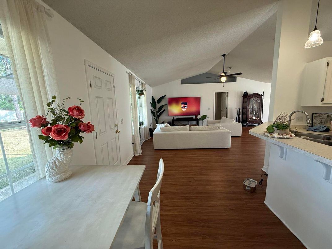 Dining room, Interior, Living room, Pendant Lights, Wood Texture Flooring