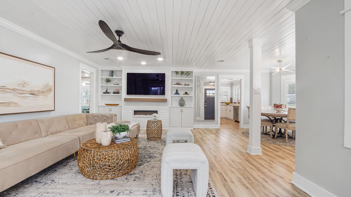 Dining room, Fireplace, Interior, Living room, Recessed Lighting, Wood Texture Flooring