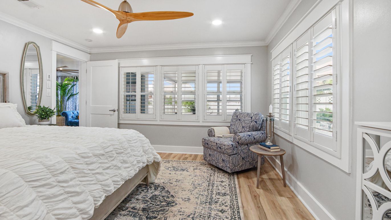 Bedroom, Interior, Recessed Lighting, Wood Texture Flooring