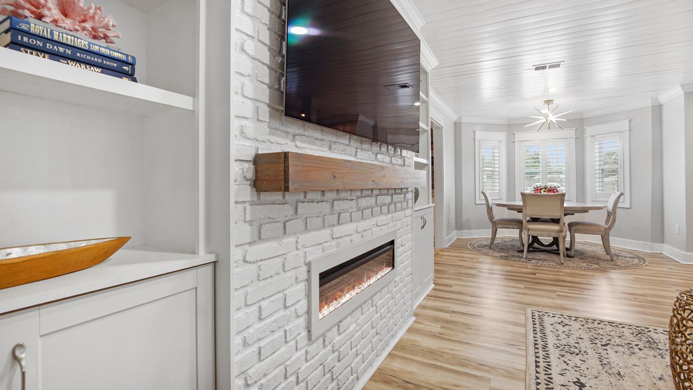 Dining room, Fireplace, Interior, Stone Walls, Wood Texture Flooring